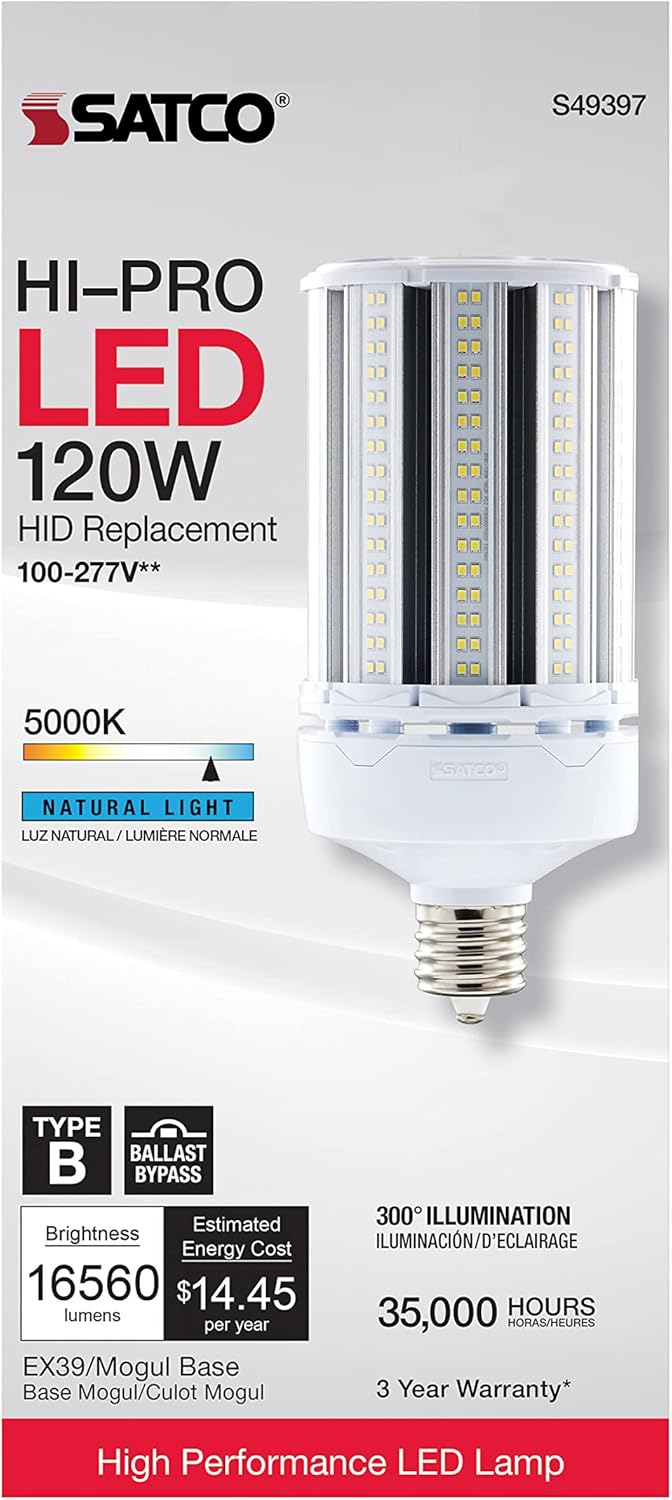 Satco S49397 Hi-Pro Corncob LED HID Light Bulb, Mogul Extended Base, 120W, 120-277V, 35000 Hour Rating, 16560L, 5000K Natural Light