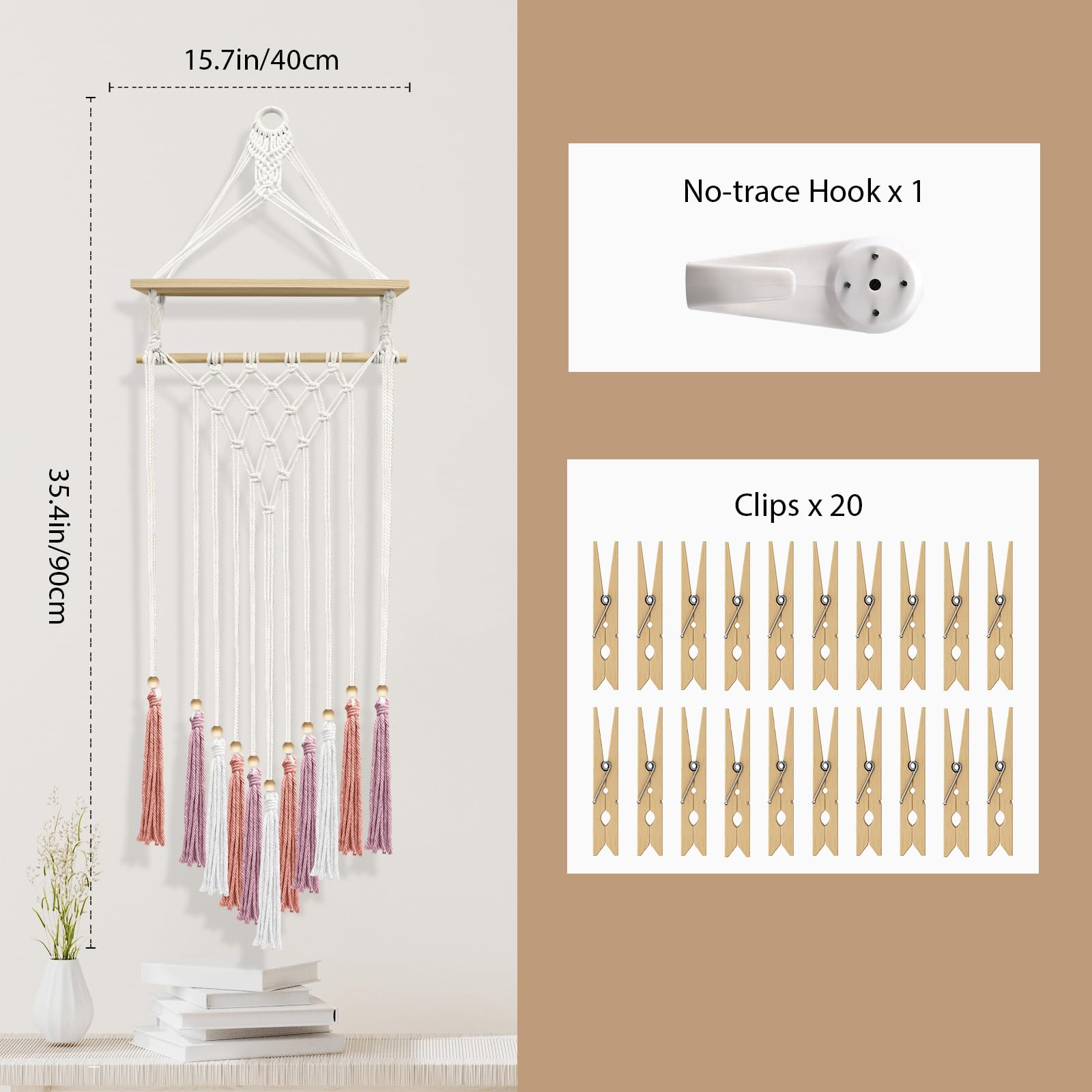 Makramee Wandbehang Bohemian Foto Display Halter mit Holzregal Quasten Dekorative LED Lichterketten Haken 20 Clips Boho Kunst Bild Karte Aufhänger Handgemachte Tapisserie Romantisches