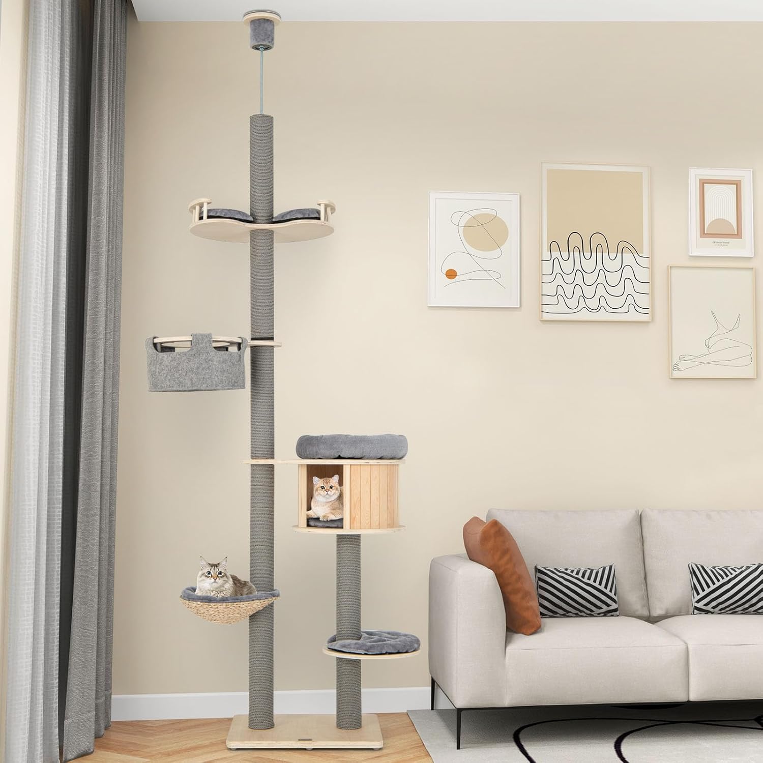 PETSITE Floor to Ceiling Cat Tree, 100-110 inch Height Adjustable, Multi-Level Cat Tower Floor to Ceiling with Scratching Posts, Cat Condo, Hammock, Tall Ceiling Cat Tree for Indoor Cats Large
