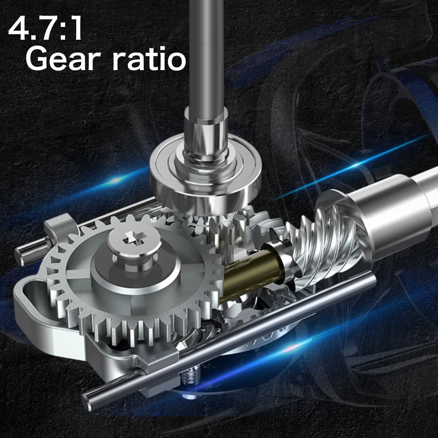 Close-up of the reel's gear system showing a 4.7:1 gear ratio