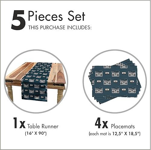 Miniatura 5 de Ambesonne Camino de mesa de música y manteles individuales, boomboxes retro y casetes de cinta, sistema de sonido de audio vintage, juego para