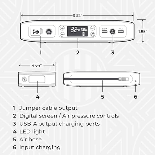 Miniatura 6 de HALO Bolt Air 58830 Cargador de batería portátil para automóvil  Compresor de aire de 100 PSI, banco de energía USB de 58.8Wh, foco de emergencia y