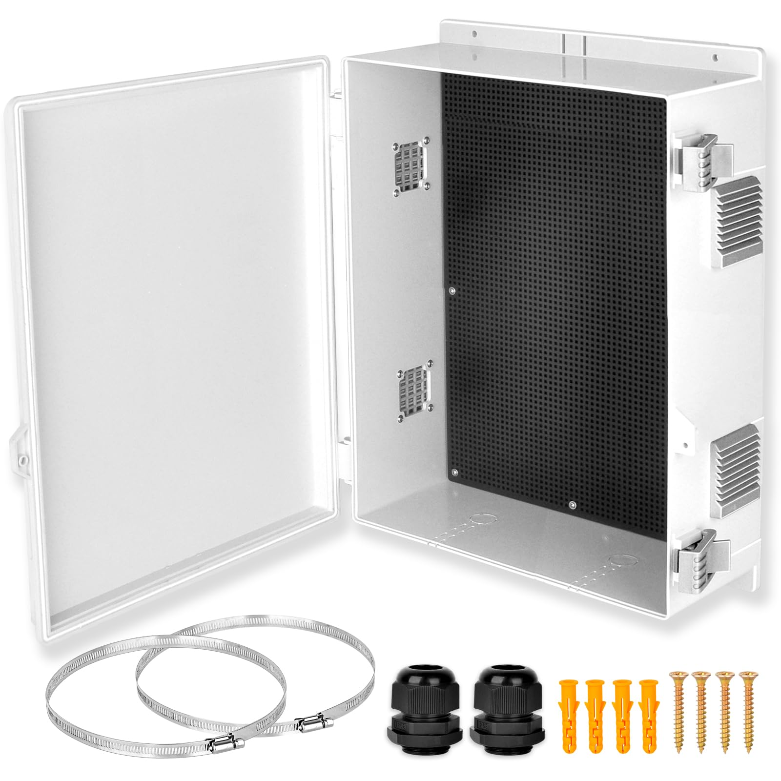 Electrical Junction Box, Outdoor Water Resistant Nema Enclosure, Ventilated ABS Plastic WiFi Project Box with Internal Mounting Panel & Hinged Cover 18.1" Lx 12.7" Wx 4.3"
