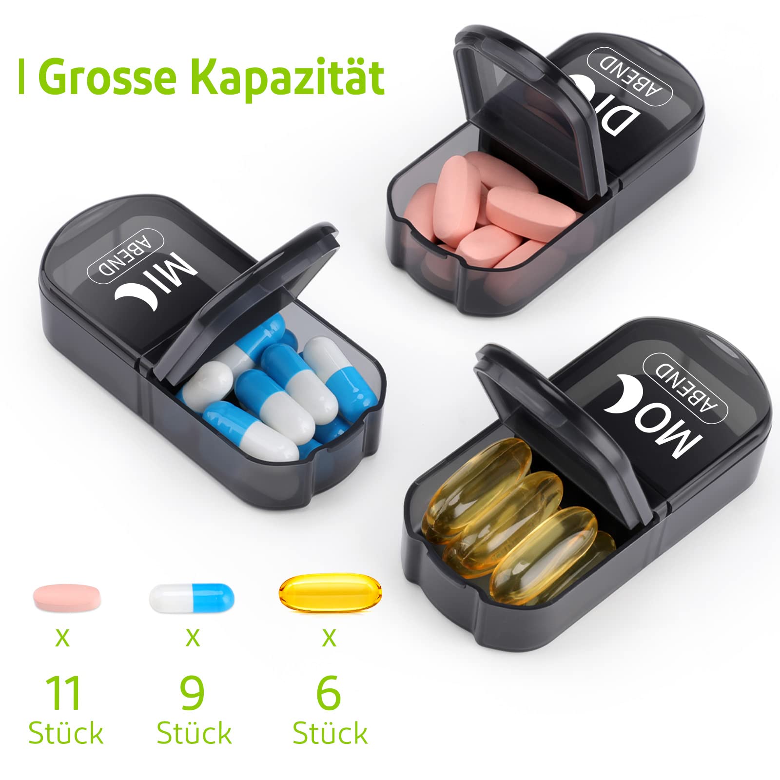 Opret Pudełko na tabletki 7 dni rano wieczorem, pudełko na tabletki 7 dni z 2 przegrodami, bardziej przejrzyste i trwałe pudełko na leki 7 dni z dużymi przegrodami (Czarny)
