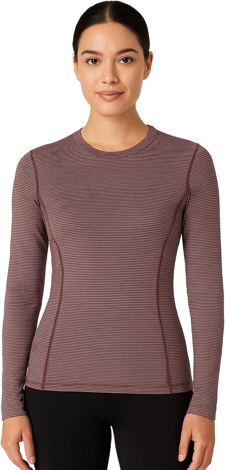 Merino Protect 100% Merino Wool Base Layer Women Temperature-Regulating Long Sleeve Thermal Striped Shirt for Hiking Travel