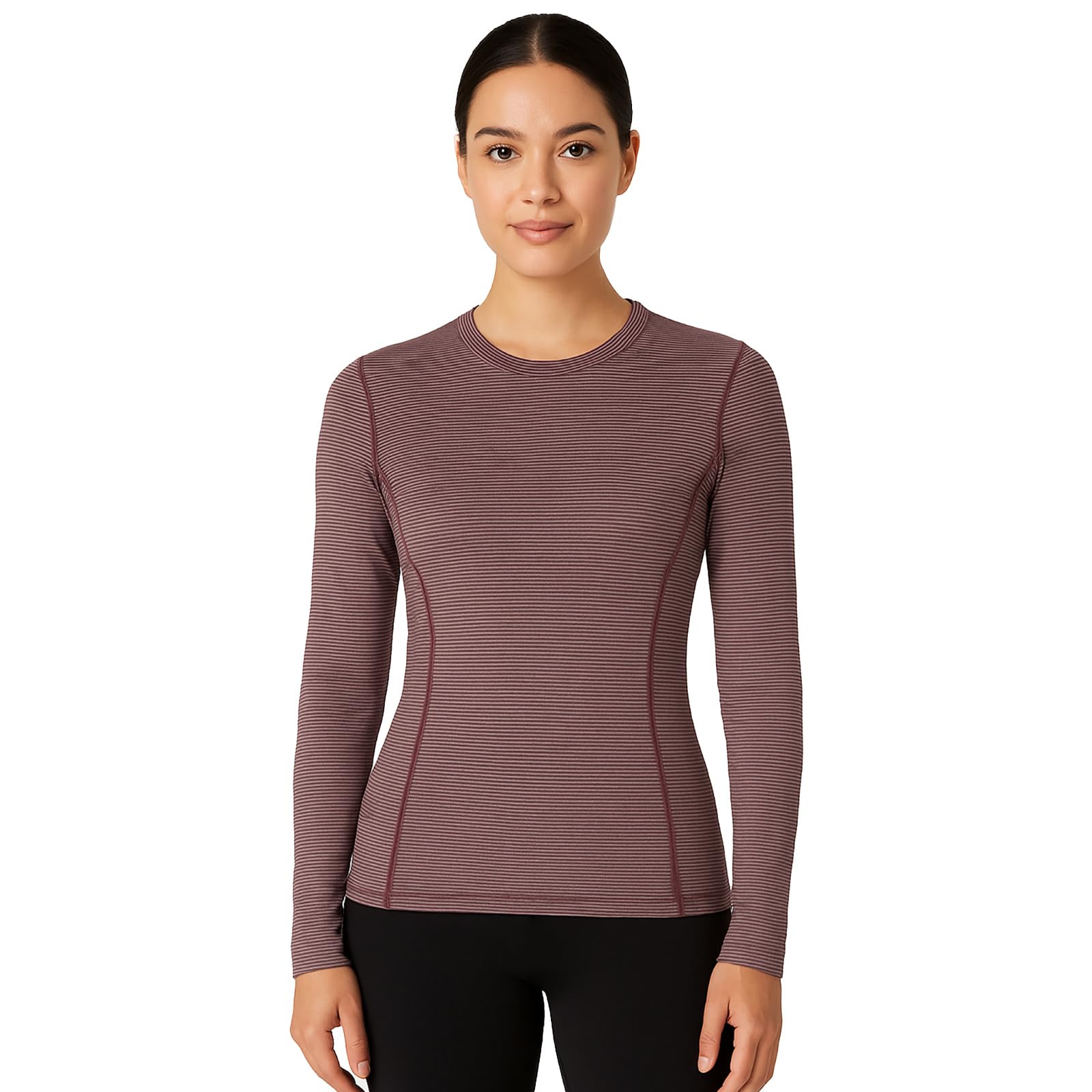 Merino Protect 100% Merino Wool Base Layer Women Temperature-Regulating Long Sleeve Thermal Striped Shirt for Hiking Travel