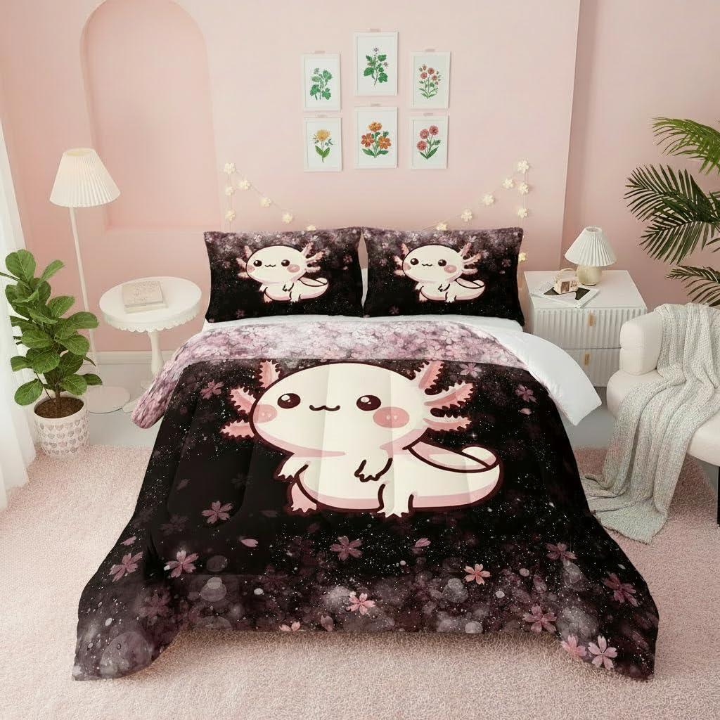 QOOMO Kawaii Axolotl Kids Comforter Set Full Size,Cute Animal Print Bedding Set for Boys Girls Room Decoration，Pink Bed Set Microfiber Lightweight All Season,1 Comforter Set 2 Pillowcases