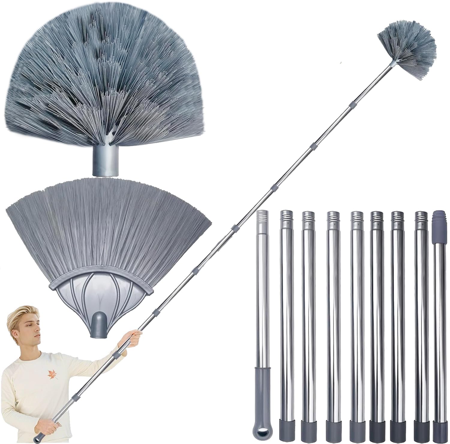 20+ Feet High Reach Duster Kit - High Ceiling Duster and Cobweb Duster with with 3-14 ft Spliceable Pole - Heads for Cleaning High Ceiling, Blinds and Cobweb