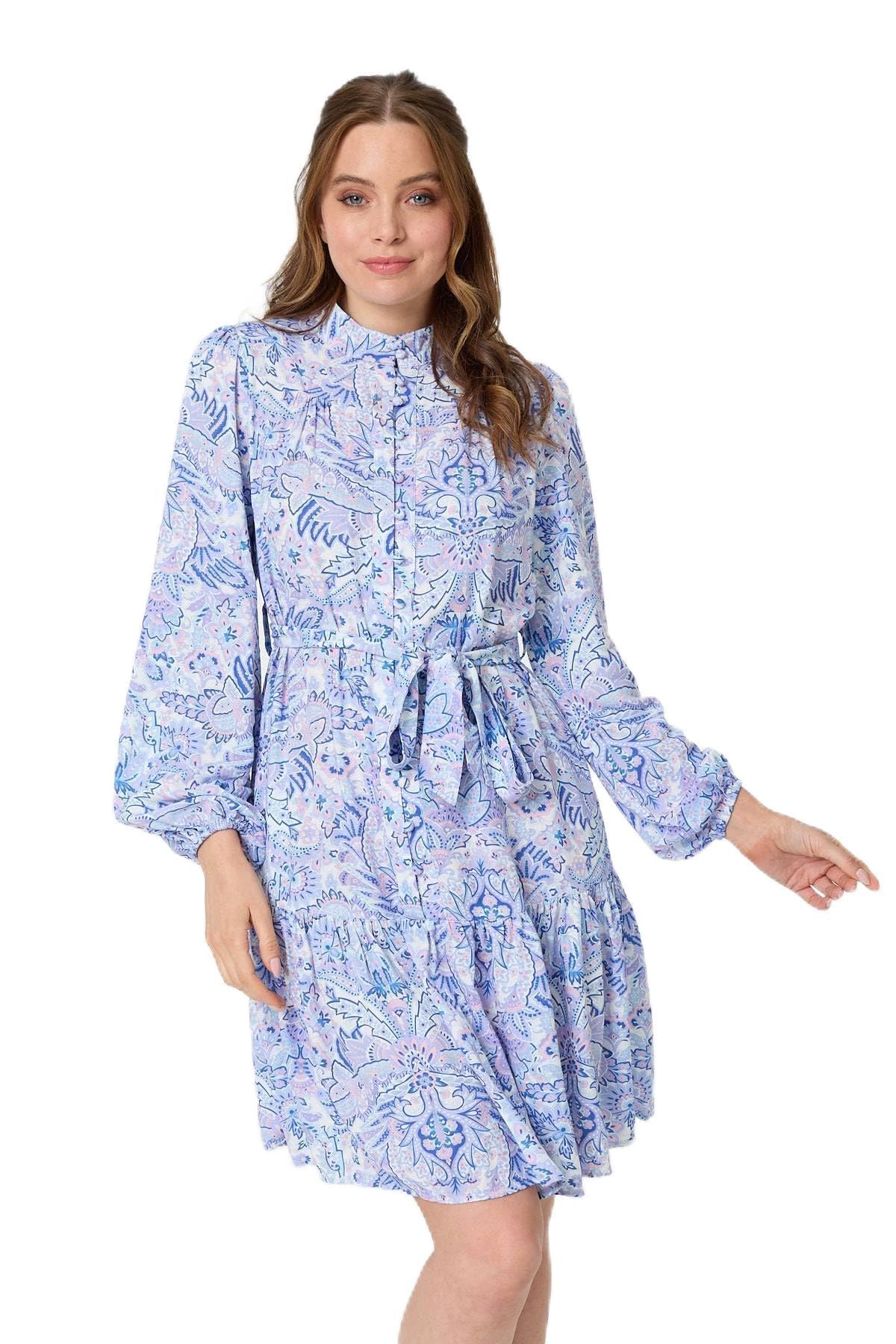 Izabel London Printed High Neck Short Shirt Dress for Women UK with Long Sleeves, a tie Waist and Pockets. Blue