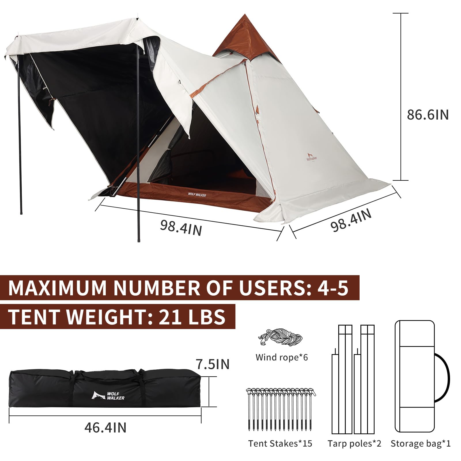 Wolf Walker Camping Tent for 4-5 Person Teepee Indian Tent with