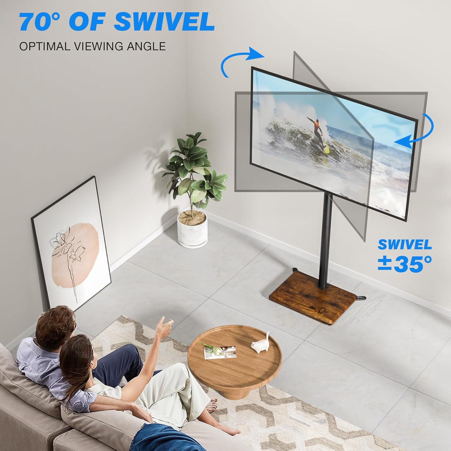 Rfiver Swivel Floor TV Stand with Mount for 32-60 inch TVs up to 88 lbs, Height Adjustable Tall TV Stand with Wood Base, Saving Space Design for Bedroom, Living Room and Corner,Rustic Brown