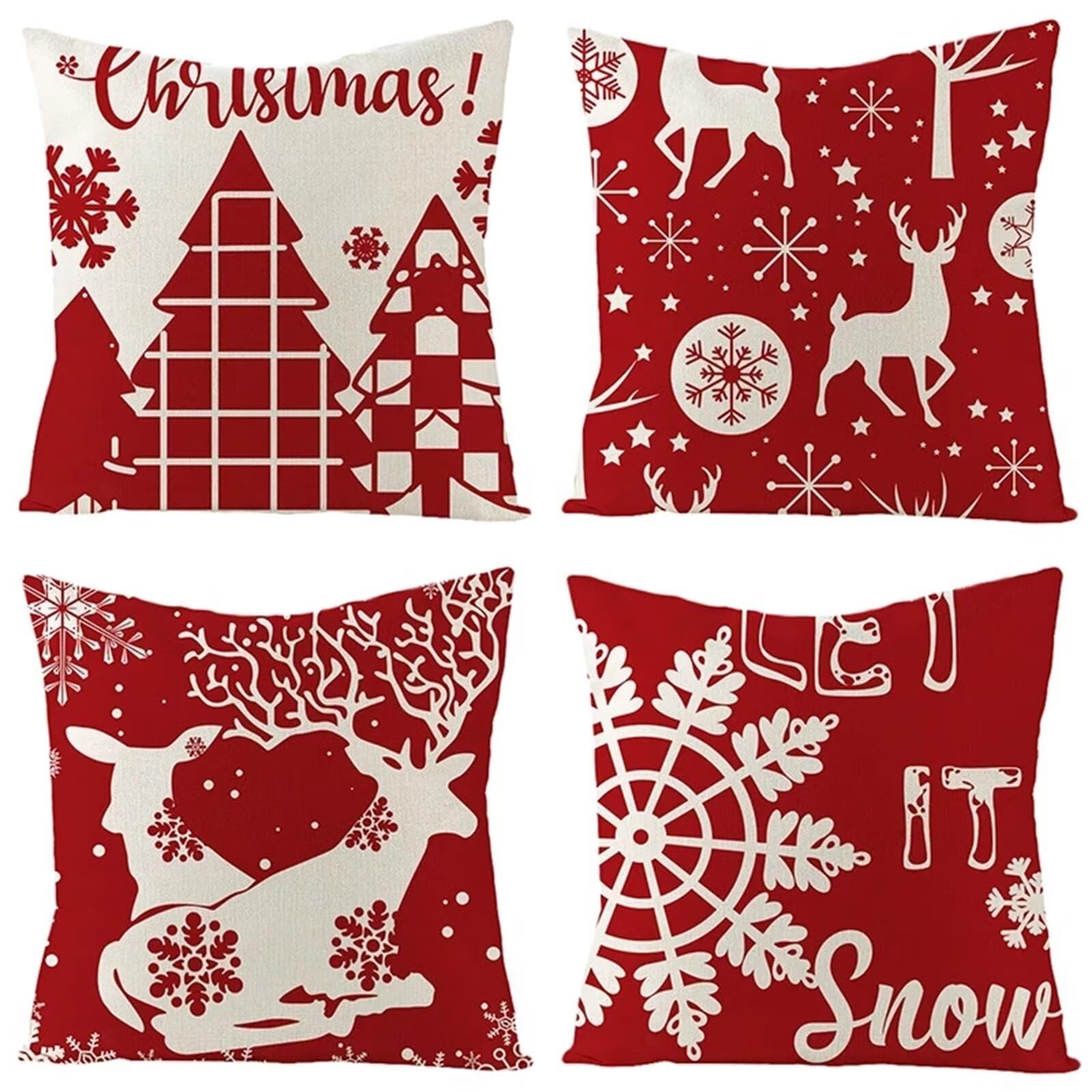 4er Set Kissenbezug 45x45 cm Kissenhülle Weiche Kurzer Plüsch Zierkissen bezug Sofakissen Schneehirsche Kissen Deko Wohnzimmer, Kissenbezüge mit Verstecktem Reißverschluss für Couch Schlafzimmer D397