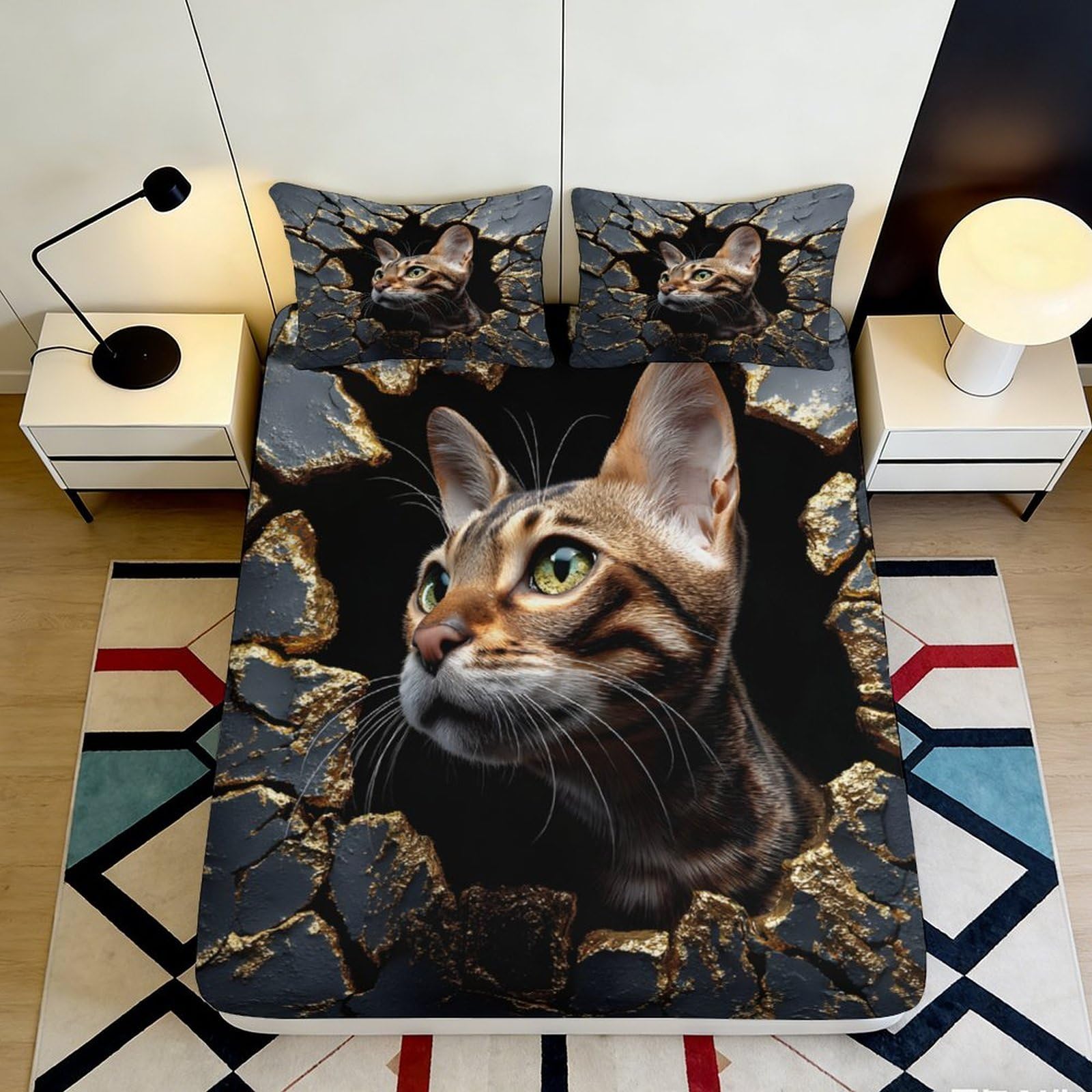 3D Printed Cat Cracked Theme Fitted Sheet Microfiber Deep Pocket Non-Slip Bedroom Bedding Cat Mattress Fitted Cover Washable for Adults Teens 200x200x25cm 90x200x25cm