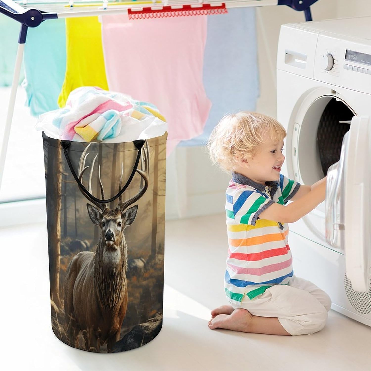 Deer Hunting Season Laundry Hamper with Handles Waterproof Collapsible Laundry Basket Large Lightweight Round Dirty Clothes Hamper for Home Dorm Bathroom Decor