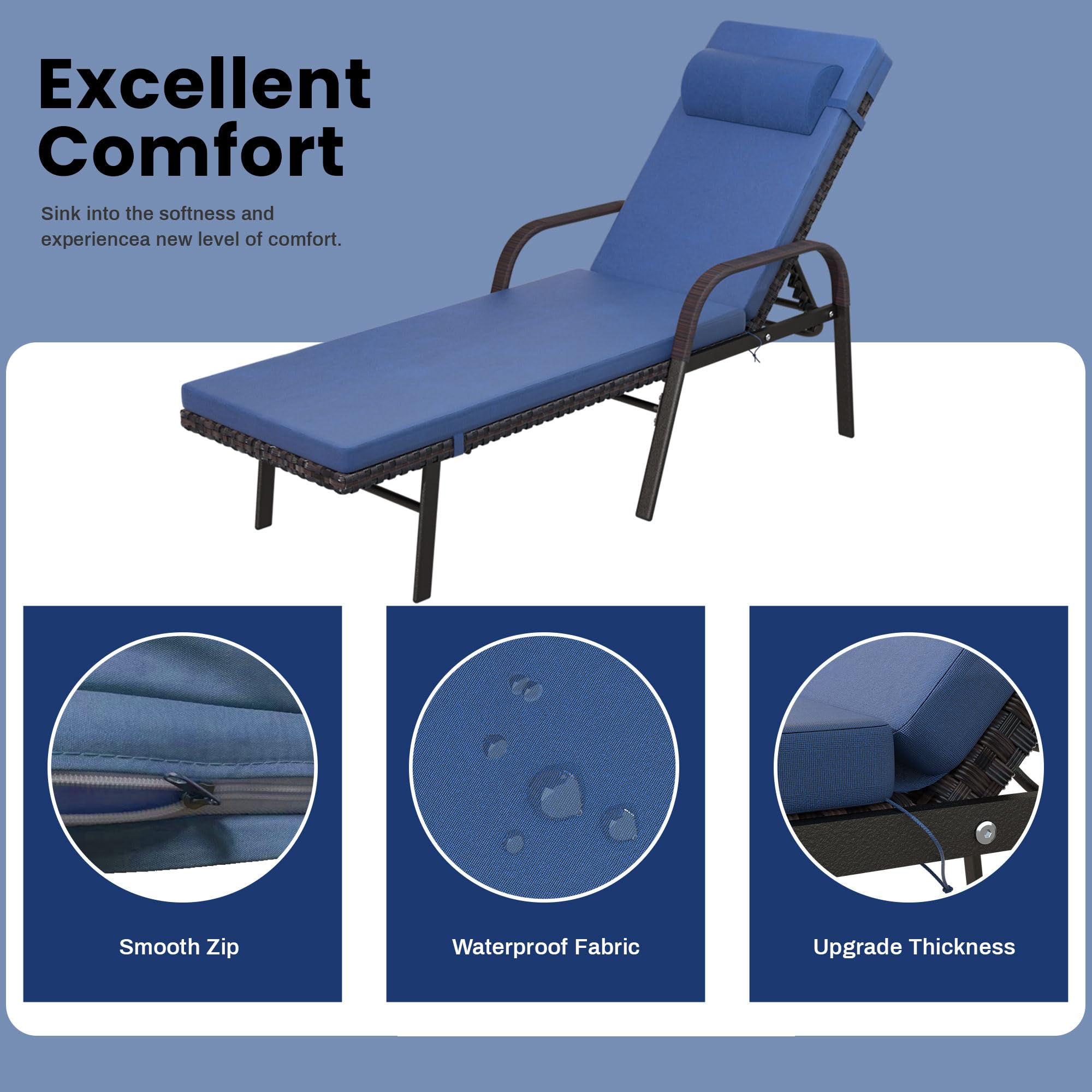 Amazon Trumbeak Patio Chaise Lounge Set 3 Pieces Pool Lounge Chairs Cushioned Outdoor Folding Lounge Chair w Arm and Rattan Adjustable Backrest for Poolside Porch Folding Table Included NavyBlue P...