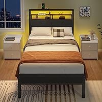 Vista 9 de Furnulem Base de cama individual con estación de carga y luces LED, cabecera de madera con 2 cajones de tela y estantes de almacenamiento, cama