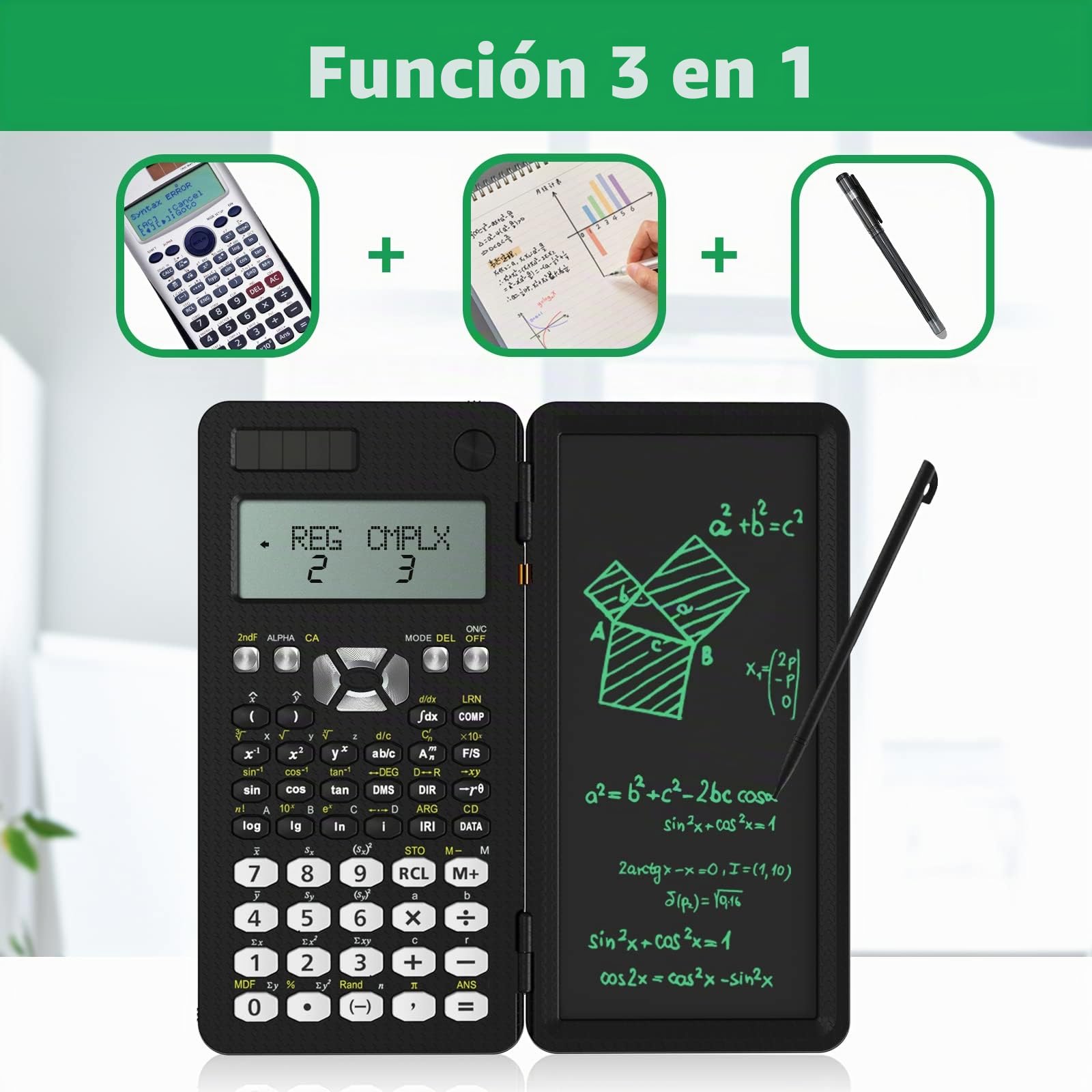 NEWYES Calculadora Científica con Tableta Escritura y Bolígrafo,991MS-Negro | 349 Funciones, Solar y Batería, Pantalla de 2 Líneas, Material Escolar para Estudiantes y Profesionales