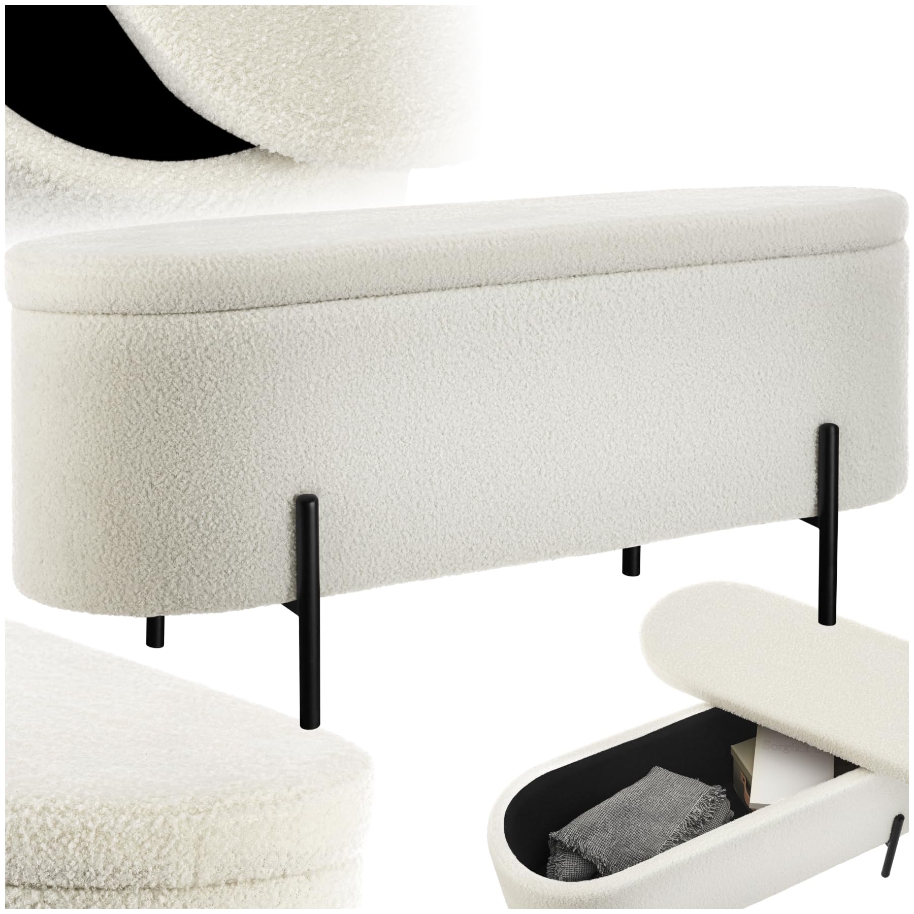 TecTake® Banco con Almacenaje, Mueble Dormitorio Acolchado, Tejido Bouclé, hasta 150 kg, Taburete Reposapiés con Espacio de Almacenamiento, Puff Almacenaje, Patas de Acero - Bouclé Blanco/Crema