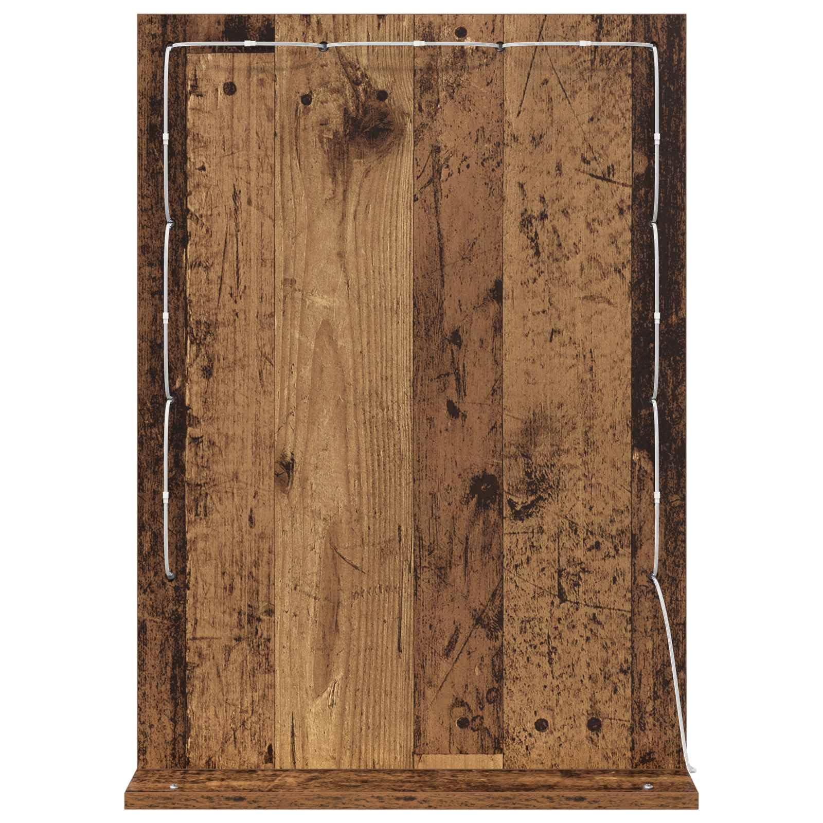 Specchio per lavabo angolare in legno anticato, 70 x 50 x 18 cm, illuminazione a LED, luce bianca calda, cornice in legno, alimentazione USB, per camera da letto, bagno, decorazione, cosmetici