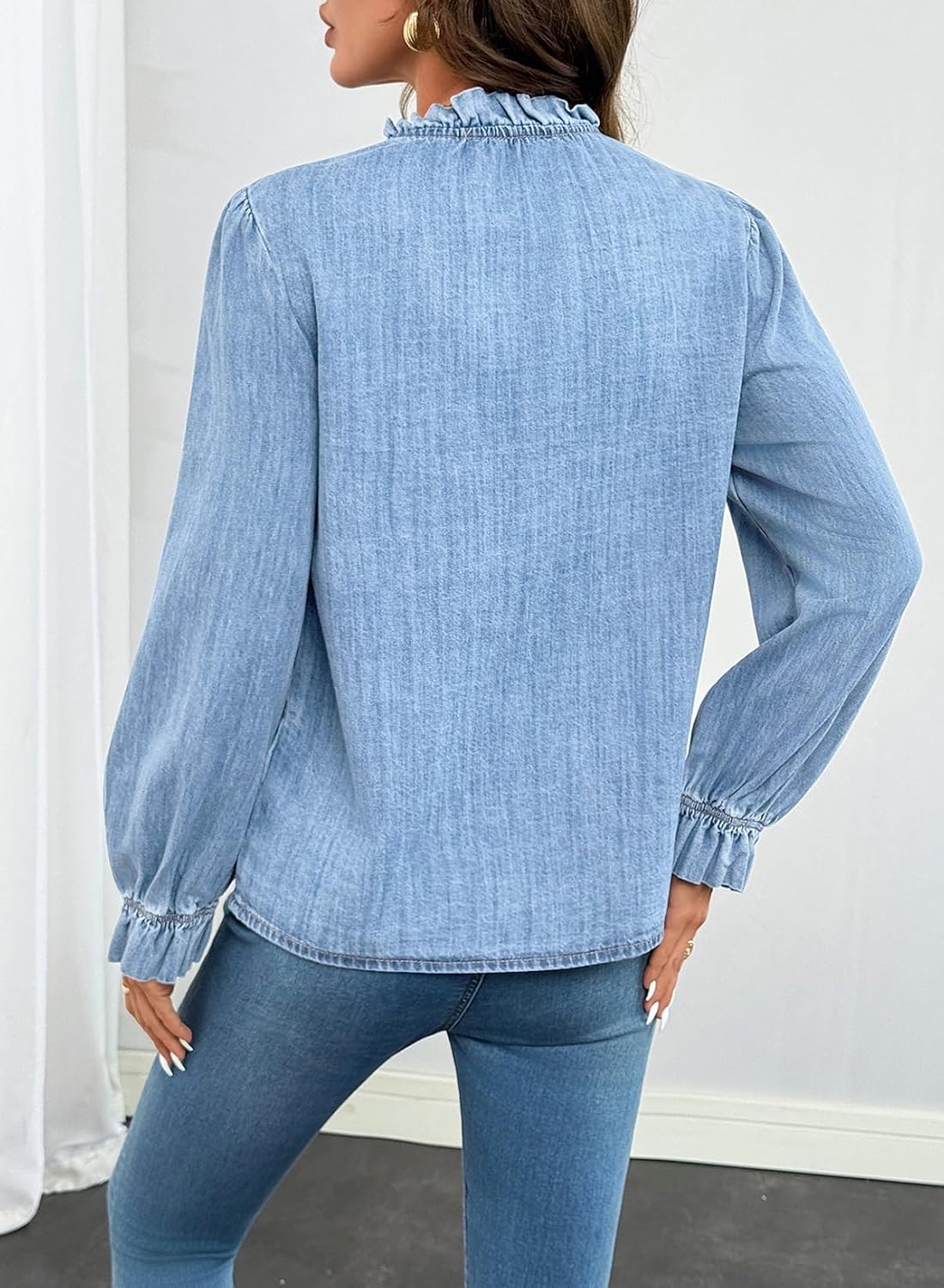 Sidefeel Womens Button Down Denim Shirts Long Sleeve Ruffle Jean Shirts Blouse Top