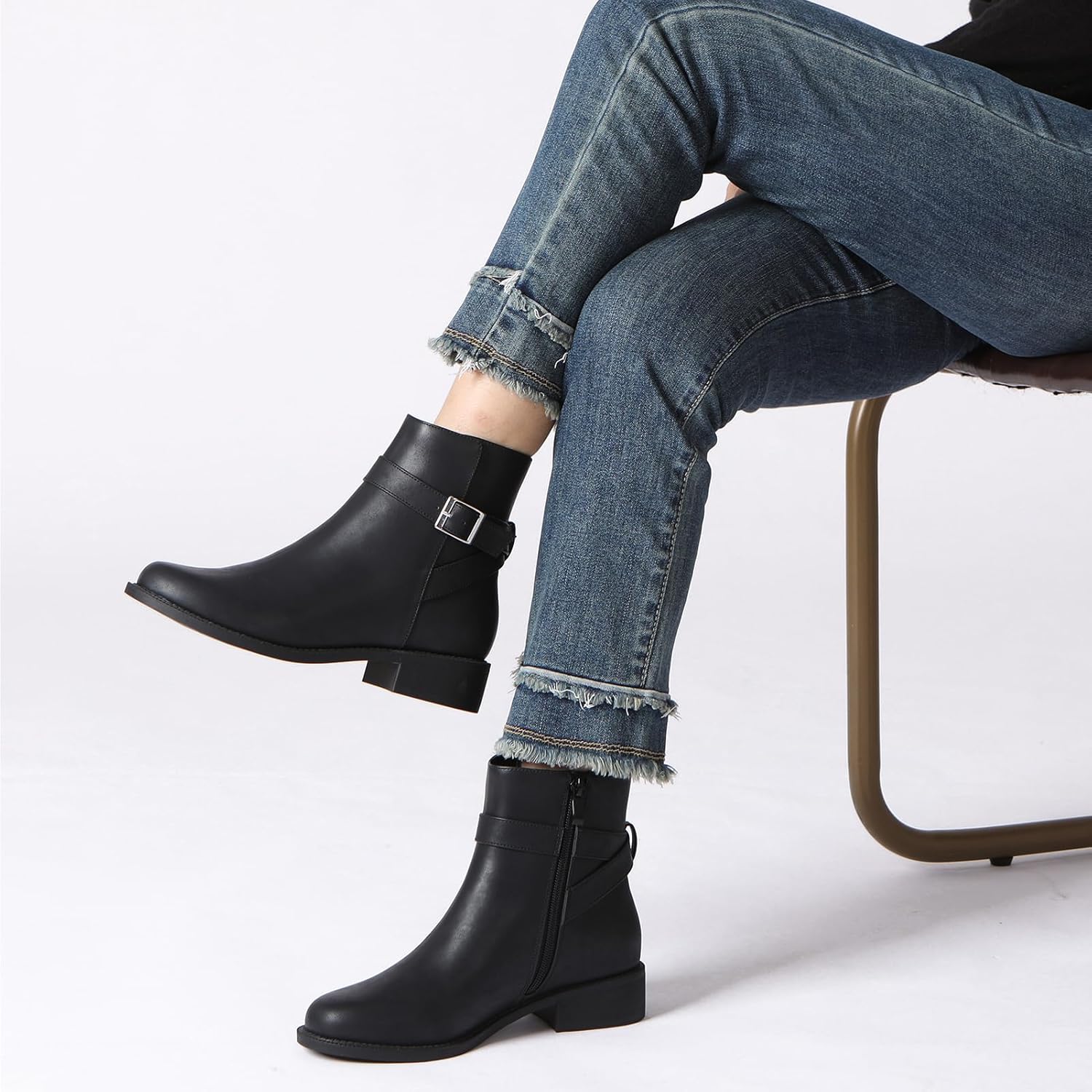 Athlefit Women's Ankle Boots Chunky Low Heel Fashion Round Toe Buckle leather Booties - Image 2