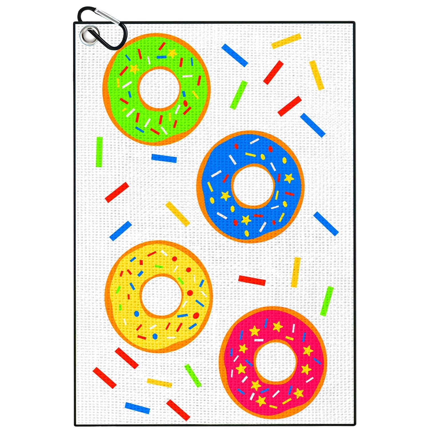 TUKRKRS Donut Print Microfiber Golf Towel with Hook - 15.75"x23.62" for Food Lovers - Quick Dry for Clubs Balls - Sweet Treat Design on Course