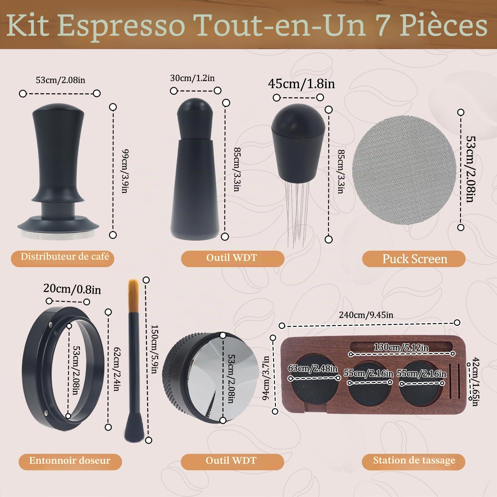 Gekufa Kit Barista Café 54 mm, 7 Pièces pour Porte-Filtres d’Expresso | Avec Tasseur à Café, Station de Tassage, Distributeur, Outil WDT, Entonnoir Doseur, Brosse et Disque Filtrant