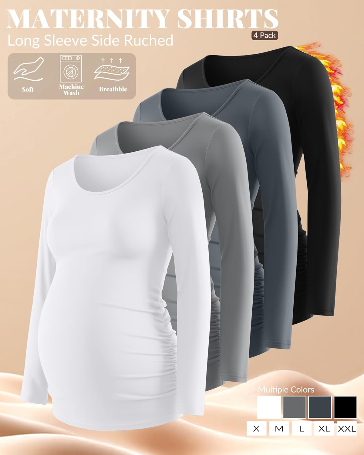 Ficerd 4 Pack Women's Maternity Shirts Long Sleeve Side Ruched Tops Crew Neck Fall Pregnancy T-Shirts Casual Mama Clothes