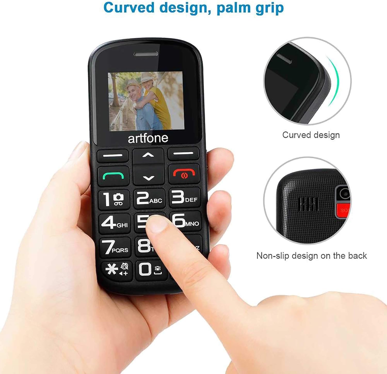Artfone CS182 phone held in hand, showing its curved design and non-slip textured back