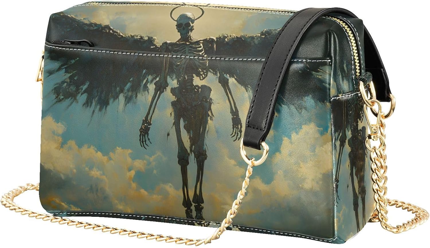 Women Crossbody Bag Shoulder Handbag Cellphone Purse PU Leather Metal Chain Strap Water Resistant Zipper Closure Skeleton Angel Print