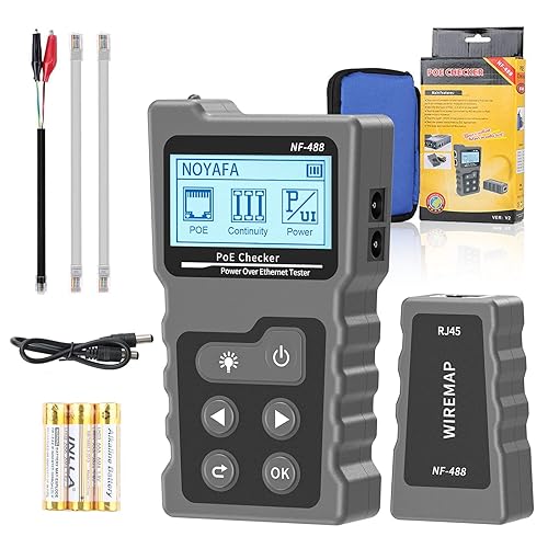 Network Cable Tester, VXSCAN NF-488 POE Cable Tester for Power Over Ethernet, Cable Tester Kit for CAT5e/CAT6/CAT6a, RJ45 Network Cable Continuity Checking, Switch Loop-Back POE Detector