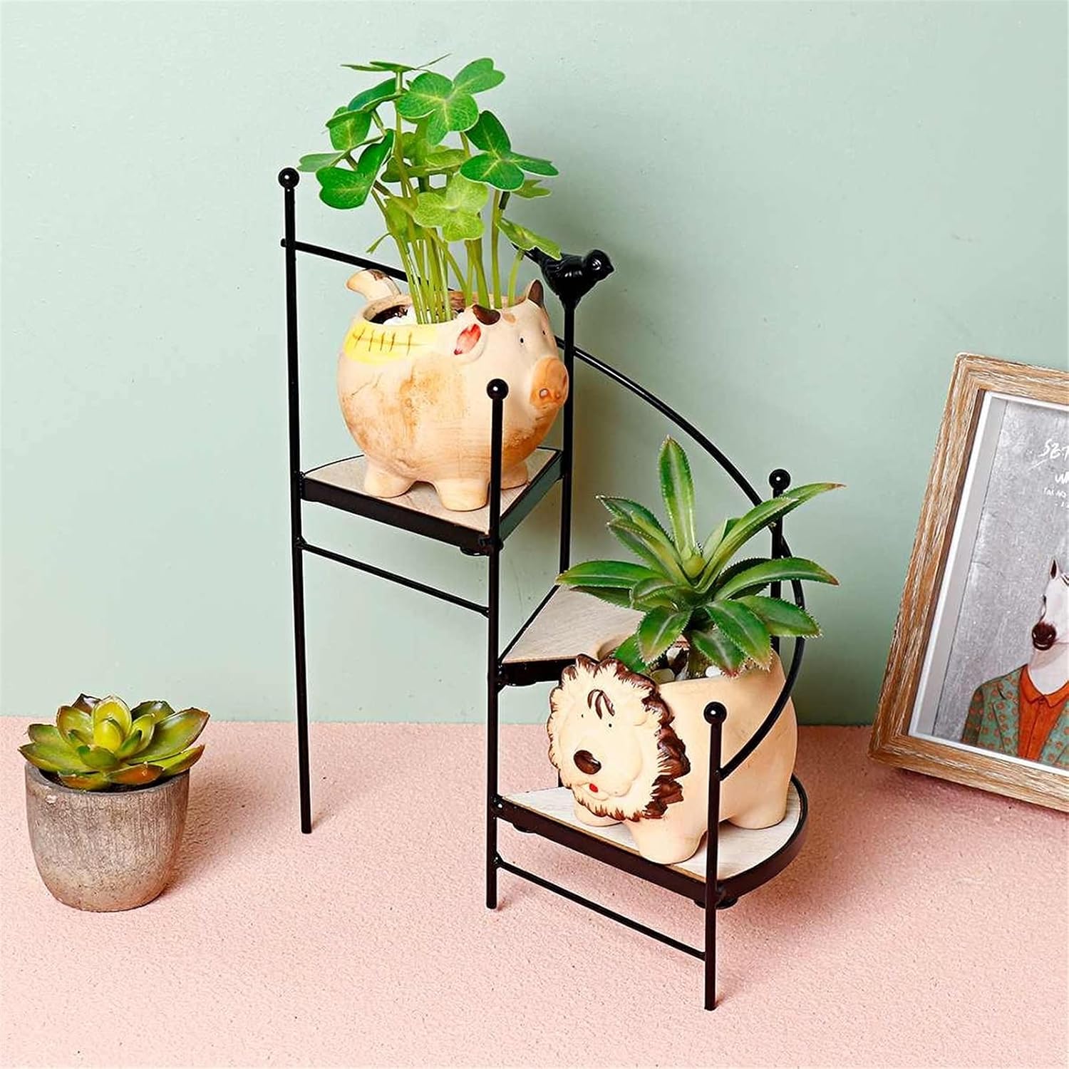 Flower Stand 3 Layer Plant Shelve Iron Plant Rack Stand Plants Succulent Shelf Stair Shape Desktop Patio Garden Decor Flower Stand Wood Plate Plant Stand(Black)