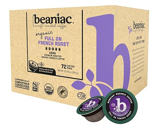 beaniac Cápsulas de café orgánico completo en tostado francés, tostado oscuro, cápsulas de café compostables K Cup, café arábica orgánico,