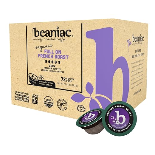 beaniac Organic Full On French Roast, Dark Roast, Single Serve Coffee K Cup Pods, Rainforest Alliance Certified Organic Arabica Coffee, 72 Compostable Coffee Pods, Keurig Brewer Compatible