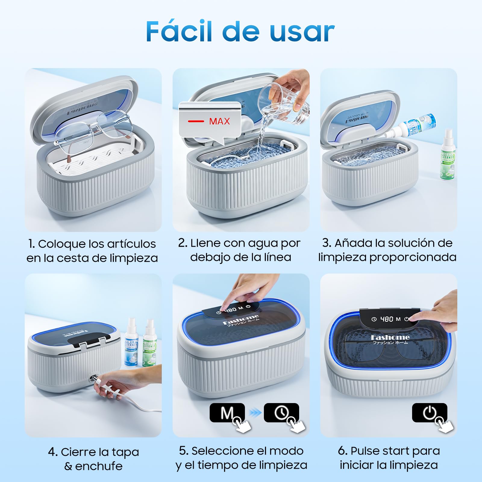 Fashome Limpiador Ultrasonidos, con 2×100 ml de líquido limpiador, 45 kHz, 3 modos, 550 ml de depósito de acero inoxidable, para joyas, gafas, relojes y prótesis dentales, cesta de limpieza y soporte