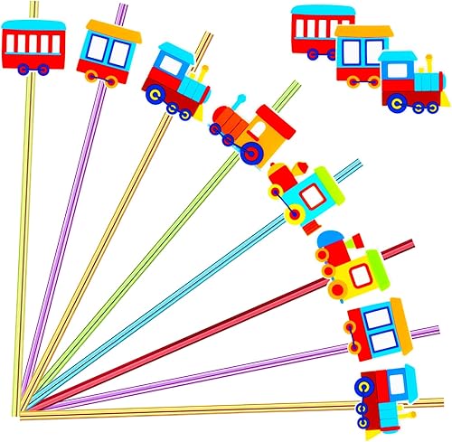 Paquete de 24 pajitas de plástico reutilizables con temática de tren, 6 colores, pajitas para bebidas y cócteles con decoración de dibujos animados,