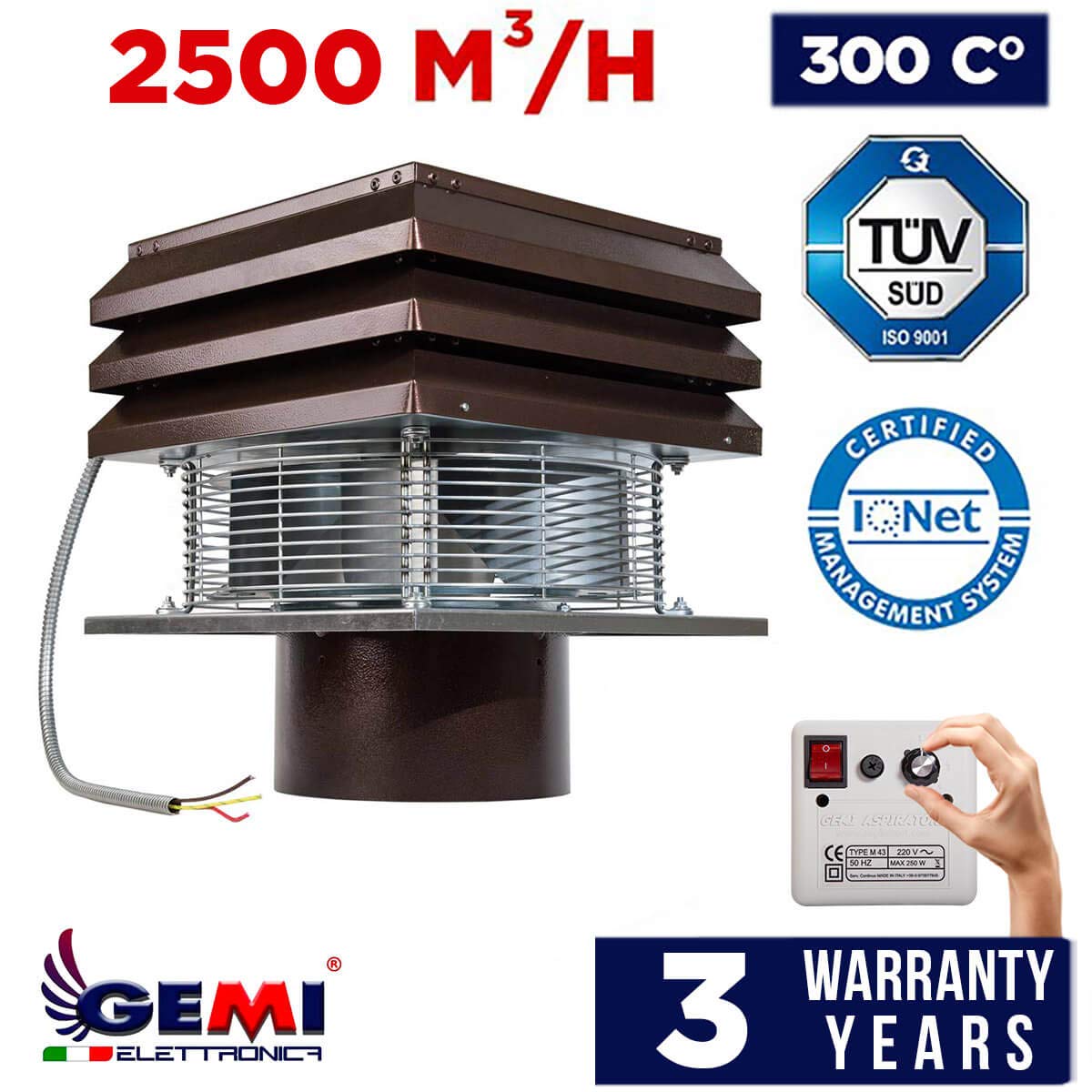 Gemi Elettronica Extracteur De Fumée pour Conduit Rond 25 cm 250 mm pour Cheminée Ventilateur De Radial Chapeau Aspirateur Extracteur Électrique De Fumées pour Poêle Thermique Barbecue Modèle Base