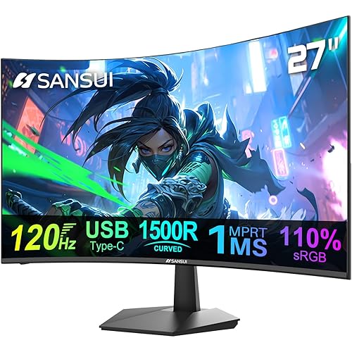 SANSUI Curved Monitor 27 inch 120Hz USB Type-C Computer Monitor with Speakers Built in丨FHD 1080p丨HDR丨110% sRGB丨1500R丨VESA Compatible,for Tablet,Desktop,Laptop and PC Work Gaming