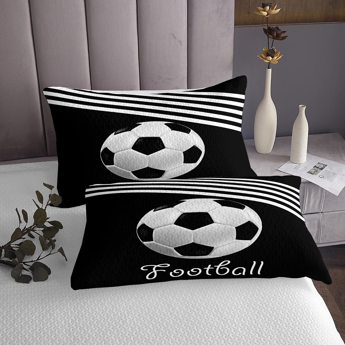 Homemissing Copriletto trapuntato con pallone da calcio, calcio, sport, a righe, per bambini, ragazzi, moderno, bianco, nero, 3 pezzi