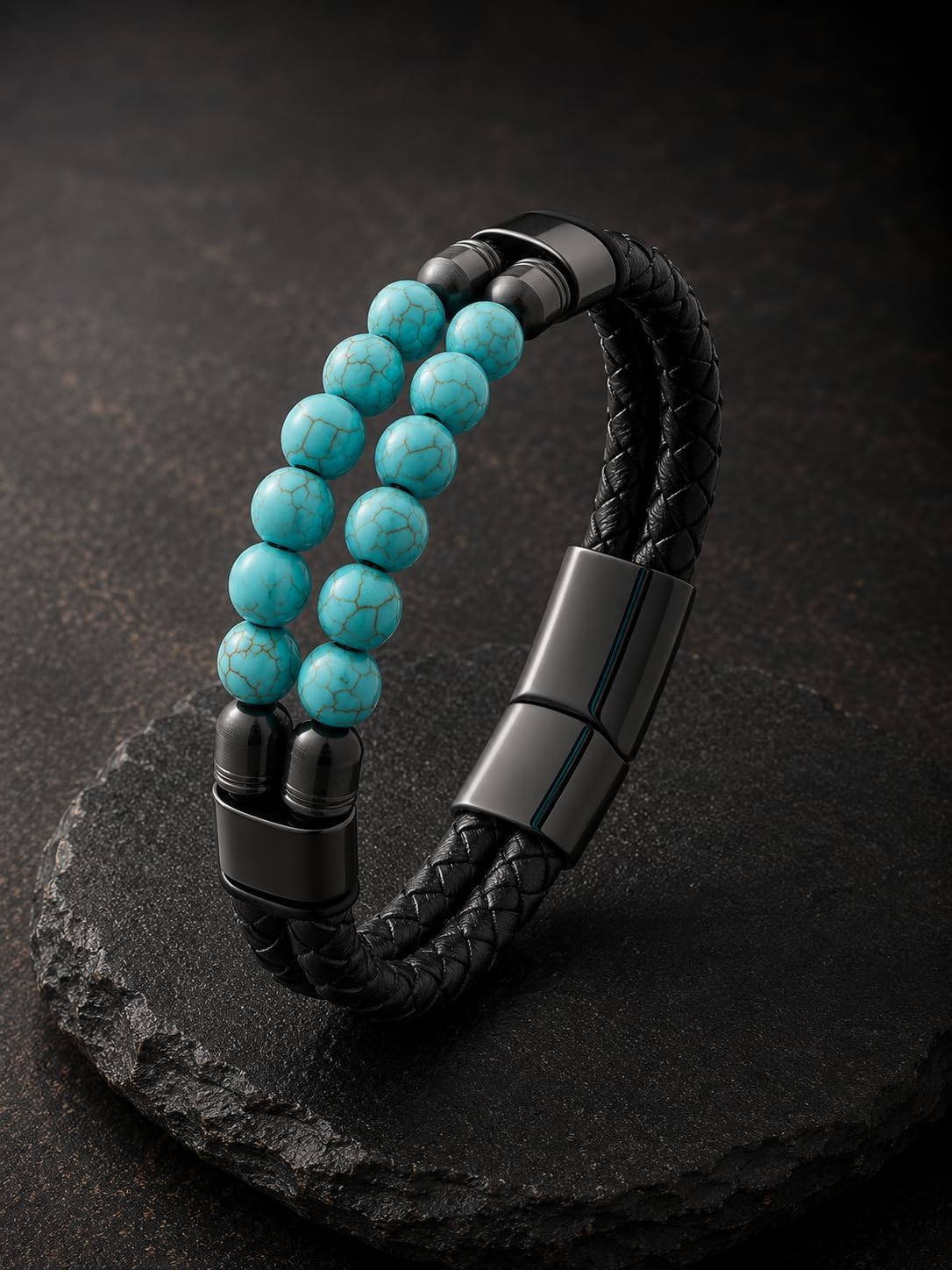 Black Braided Leather Bracelet for Men with Turquoise, Lapis Lazuli, Tiger Eye, Obsidian Stone Double-Row Wristband Beads with Stainless Steel Clasp Fashion Jewelry Gift for Him