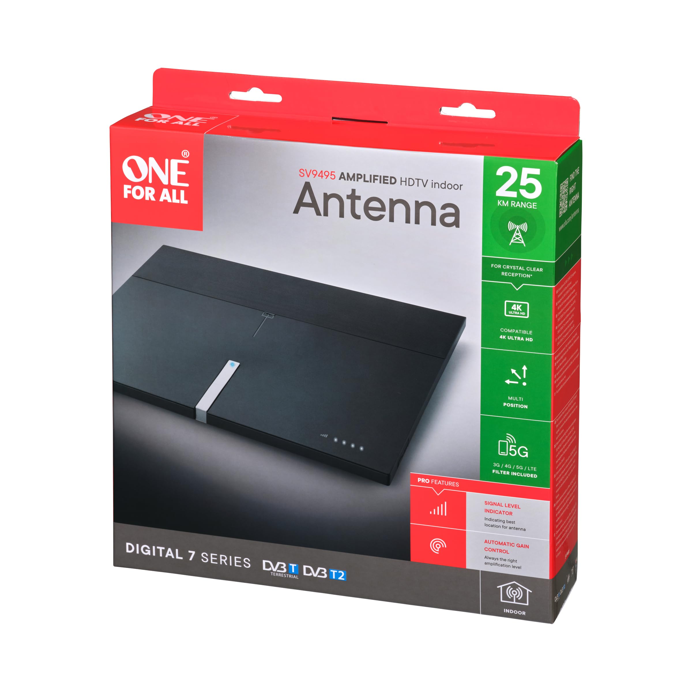 One For All – 3G/4G/5G-blockfilter –DVB-T2 Zimmerantenne– Digital-TV 4K Ultra HD – Automatische Verstärkungsregelung– 0 bis 25 km Reichweite – Schwarz – SV9495-5G