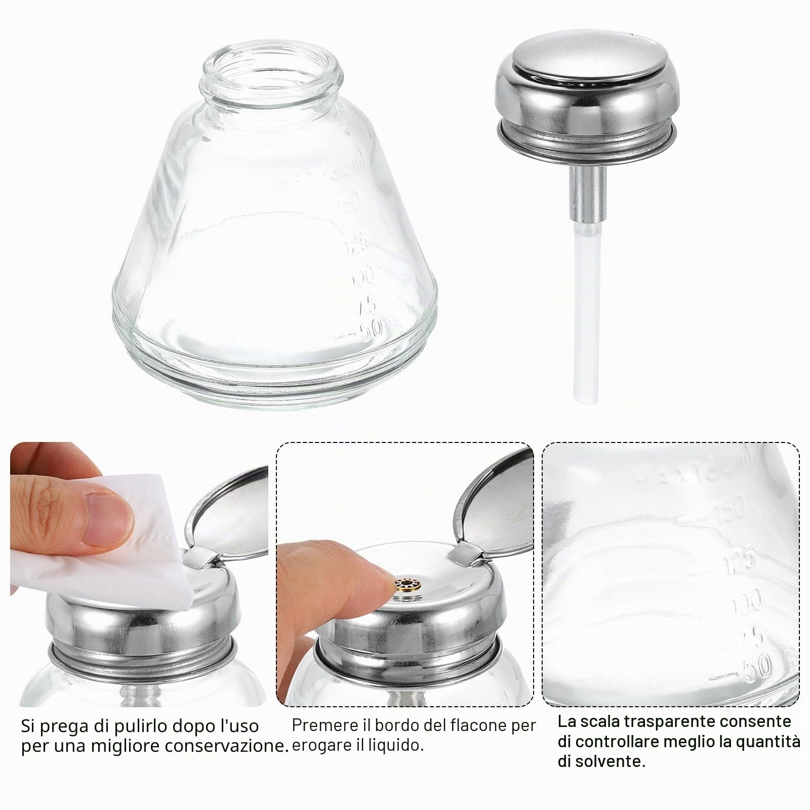 QUARKZMAN Dispenser Alcol Solvente 180ml(6.1oz) Bottiglia Pompa Liquida a Spinta Conica con Tubo Plastica e Nucleo Rame per Rimuovi Smalto Acetone