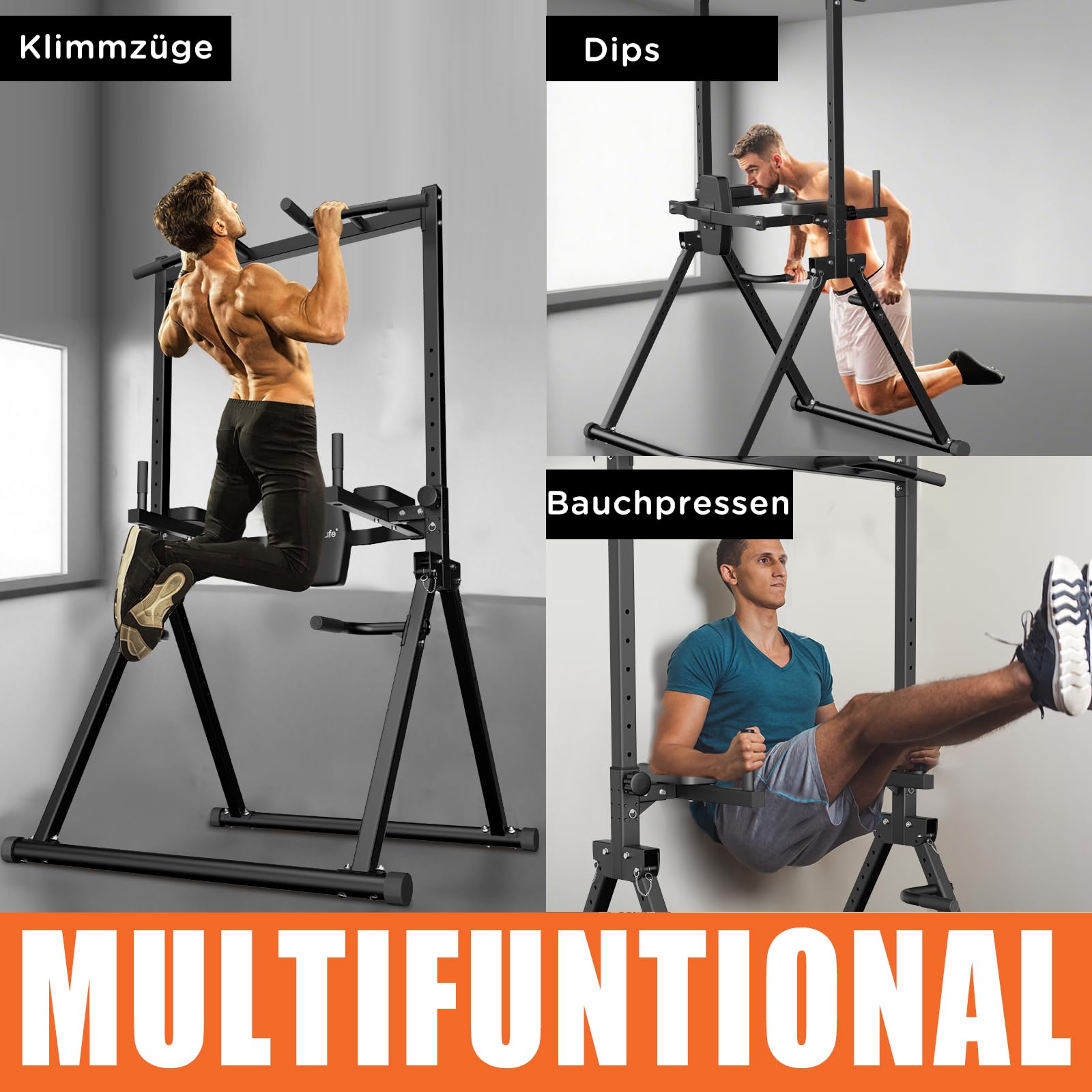 DH FitLife Faltbar Power Tower Dip Station | Klimmzugstange Freistehend mit Dip Barren u. Hantelablagen/Rückenlehne | Kraftstation Kraftturm | Fitness Station | Power Rack for Home Gym