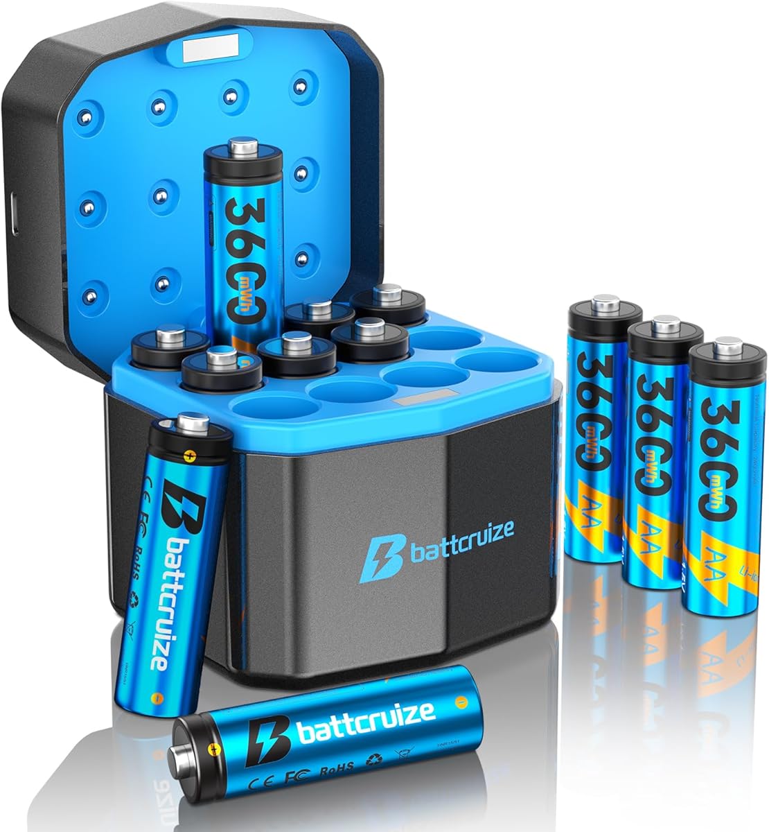 Battcruize Rechargeable Lithium AA Batteries 12-Pack with 12-Slot Smart Charger, 3600mWh 1.5V Constant Lithium AA Batteries, Double A Battery Rechargeable 2000+ Cycles (Azure) : Electronics