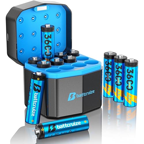Rechargeable Lithium AA Batteries 12-Pack with 12-Slot Smart Charger, 3600mWh 1.5V Constant Lithium AA Batteries, Double A Battery Rechargeable 2000+ Cycles (Azure)