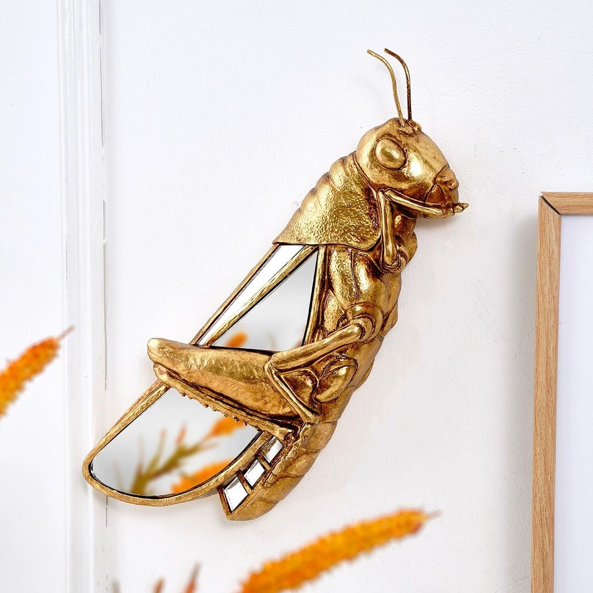 Vintage Gold Grasshopper Dragonfly Wall Mirror Decor – Farmhouse Resin Insect Bug Wall Art Sculpture, Decorative Glass Mirror for Home, Living Room, Entryway, Unique Gift Beetle Collectors