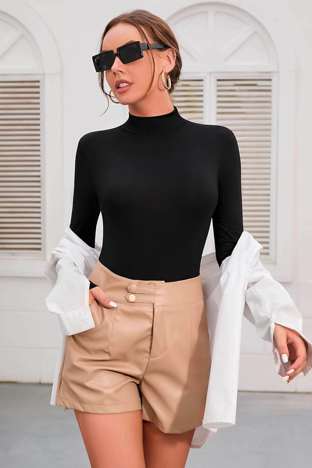 SHEIUGU Women’s Sleeveless Long Sleeve Mock Turtle Neck Bodysuit Soft Slim Fit Stretchy Layer Top Classic Jumpsuit - Image 3