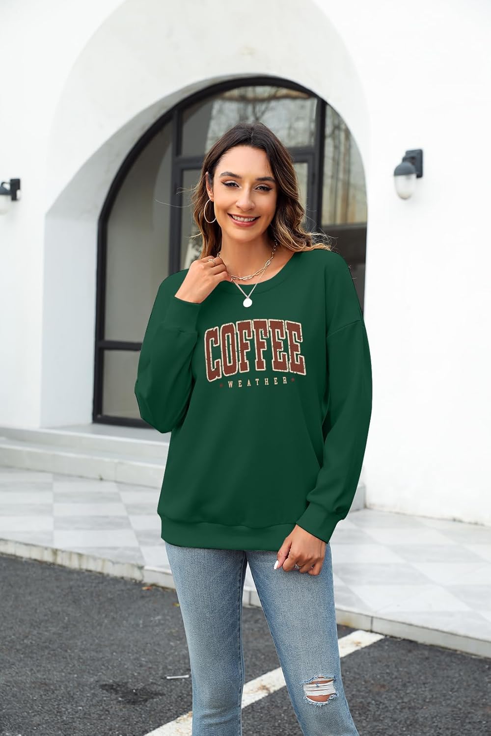 LOTUCY Coffee Sweatshirt for Women Coffee Weather Crewneck Sweatshirt Casual Autumn Fall Long Sleeve Shirt - Image 4