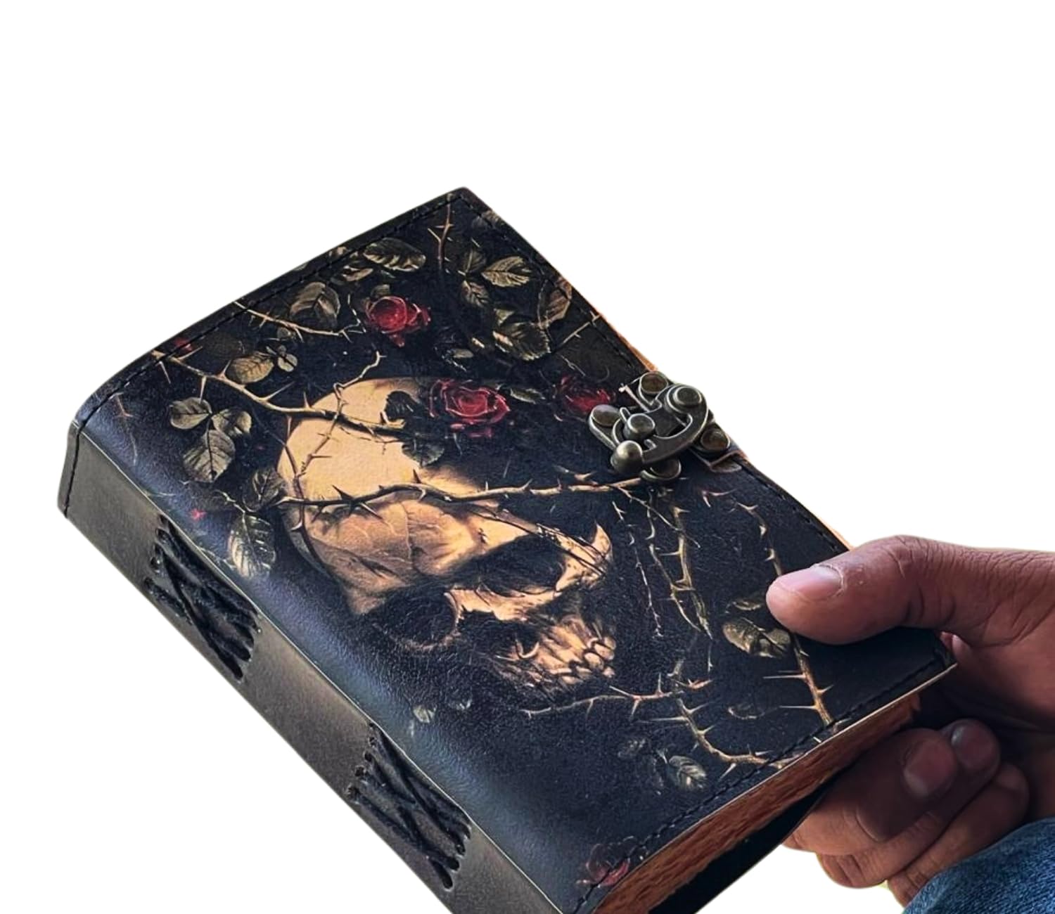 Dark Elegance Totenkopf-Tagebuch, handgefertigtes antikes Büttenrand-Papier-Tagebuch, 17,8 x 12,7 cm, echtes Leder, mit Totenkopf- und Rosen-Design, Vintage-Verschluss, persönliches Tagebuch,