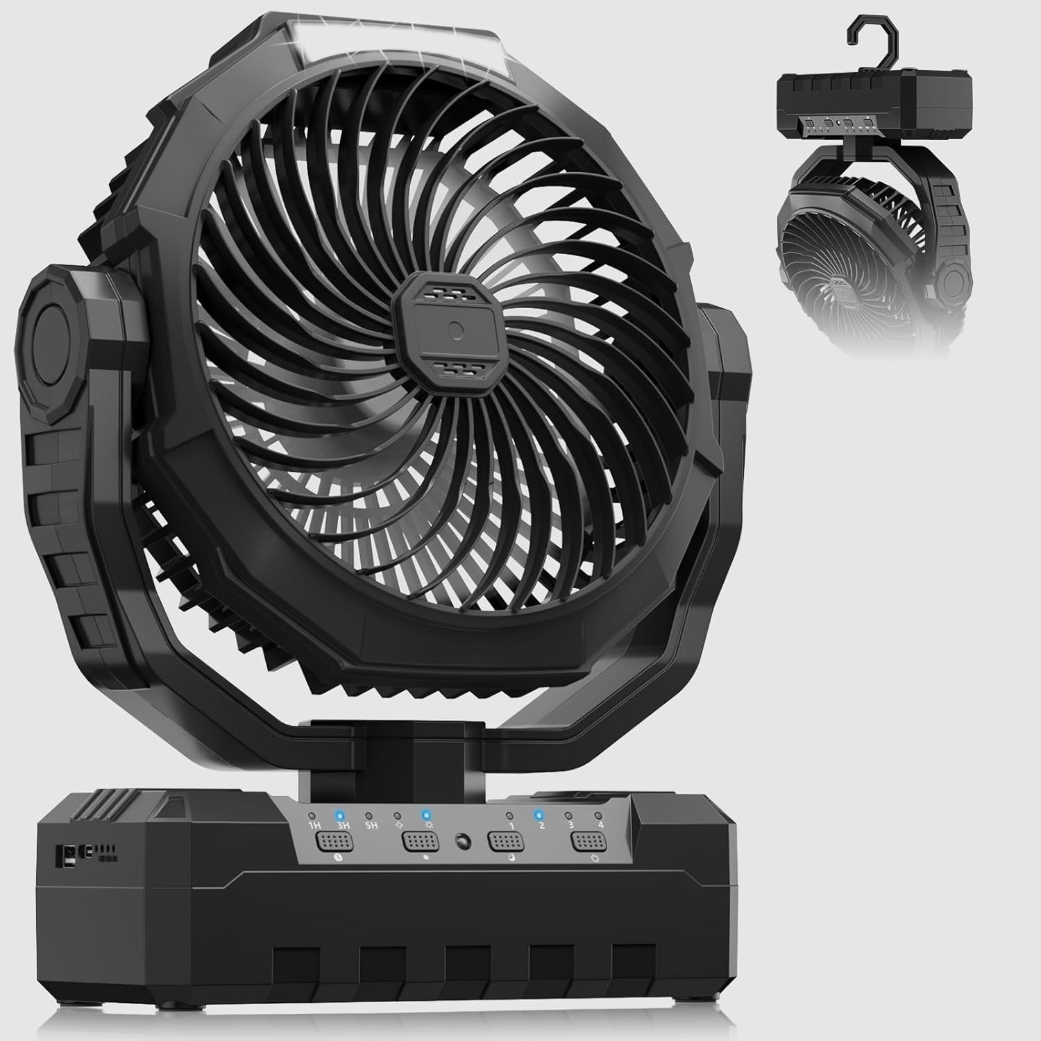 Camping Fan Rechargeable, 20000mAh Battery Powered Portable Fan with 4 Speeds & 2 LED Lights, Cordless Outdoor Tent Fan with Hanging Hook for Home Office Beach Travel - Dark Black